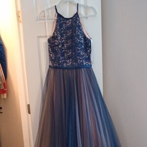 Madison James Blue and Pink Lace Prom Dress